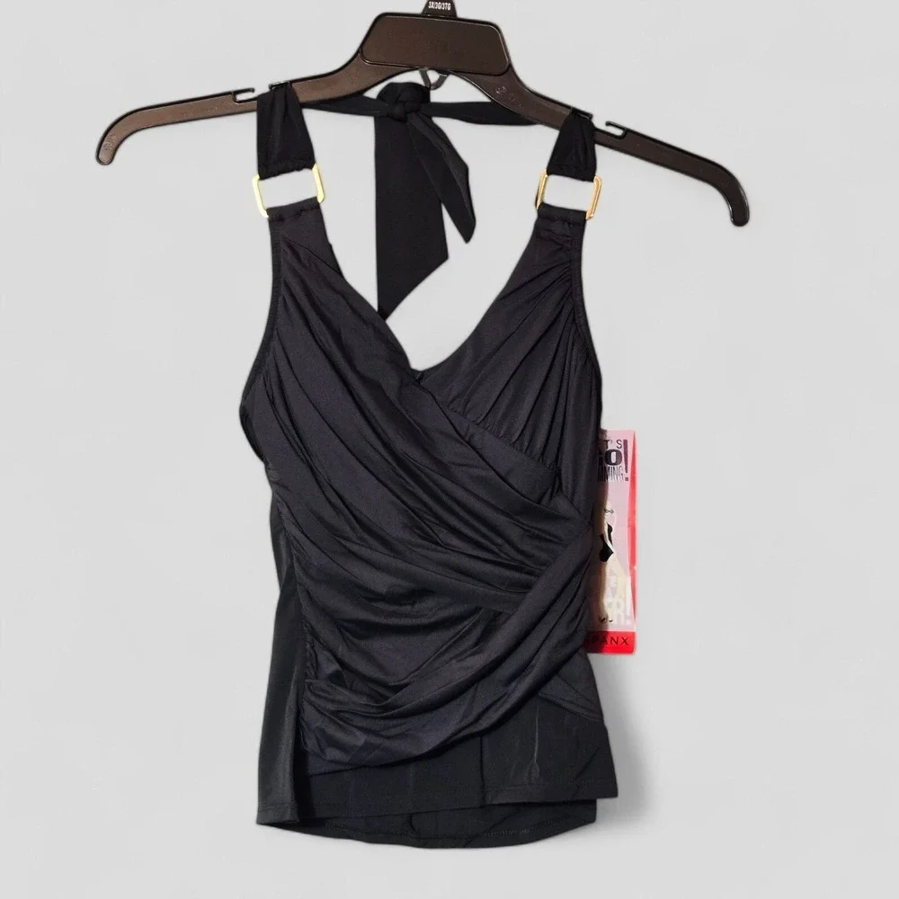 Spanx Draped Whittle Waistline Halter Tankini Black 6 Slimming Minimalist NWT